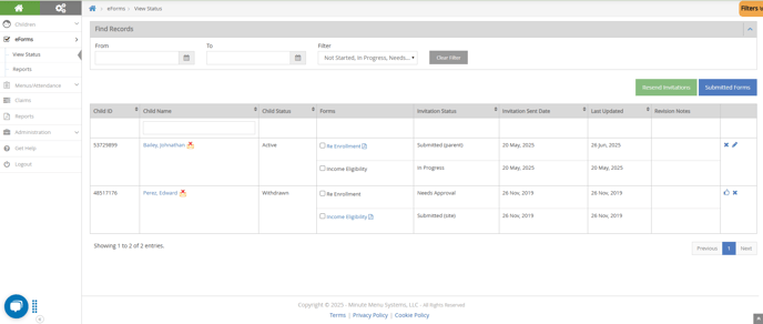 CENTERS - eForms View Status Page
