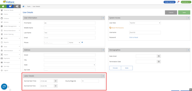 centers - labor log labor details