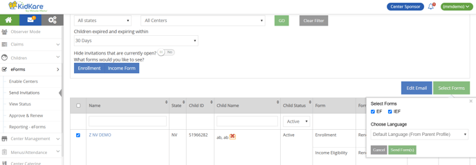 Send eforms language selection - centers