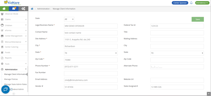 center spon - manage client info