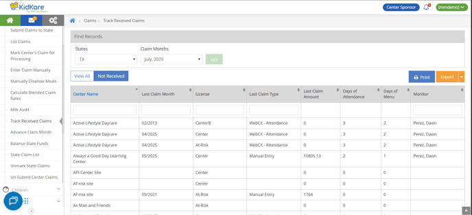 center spon - track recd claims