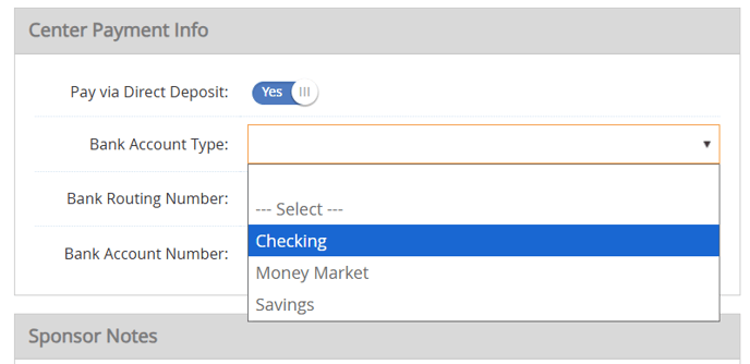 center spon payment info