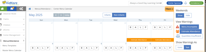 center sponsor - menu calendar filters