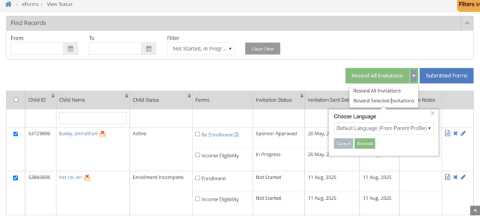 eForms  - resend selected - language