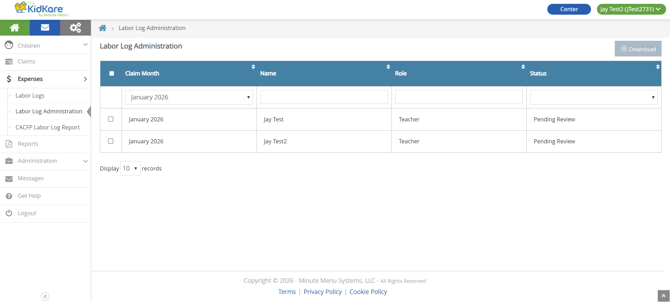 labor log center admin