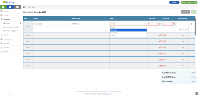 log labor _ select meal
