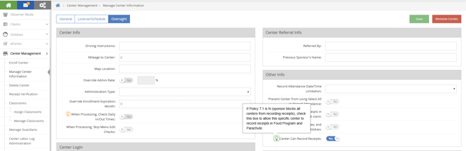 Manage Center Information Receipt Toggle