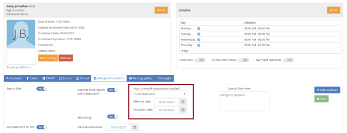 centers - milk substitution settings